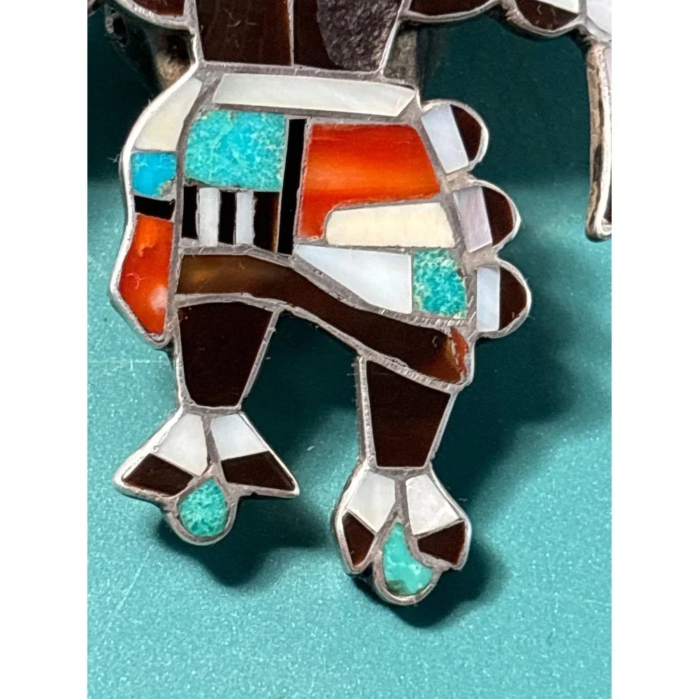 Vintage Sterling Zuni Inlay Bolo Eagle‎ Dancer Sterling Silver Turquoise Coral
